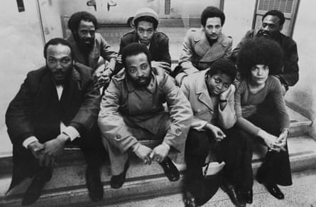 Eight members of the Mangrove Nine in 1971. Front row, left to right: Rothwell Kentish, Rhodan Gordon, Altheia Jones-LeCointe, Barbara Beese. Back row: Frank Crichlow, Godfrey Millett, Rupert Boyce, Darcus Howe.