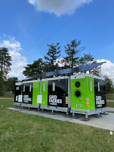 A bank of batteries with solar panels on top, which reads 'Grid faeries'