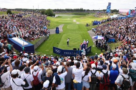 Tommy Fleetwood of Great Britain tees off on the first hole during day four of the men’s individual stroke play