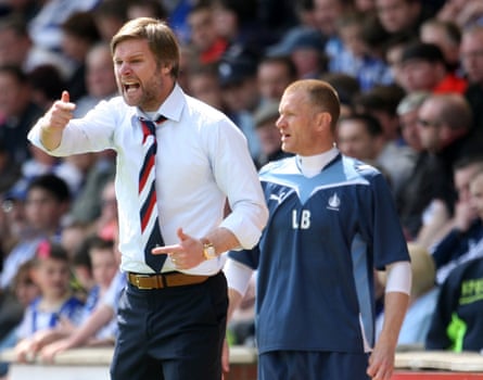 Falkirk manager Steven Pressley instructs his players during the Scottish Premiership match at Kilmarnock in May 2010.