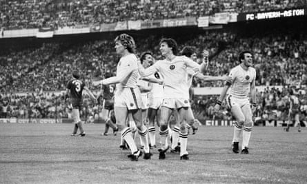 Peter Withe (right) stands apart from his Aston Villa teammates after scoring the winning goal against Bayern Munich in the 1982 European Cup final