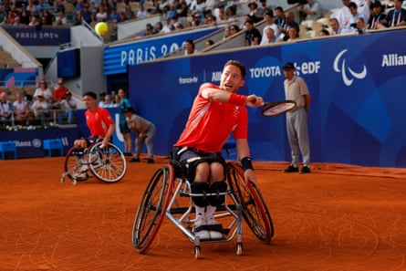 Alfie Hewett (right) and Gordon Reid of Great Britain in action during the wheelchair tennis men’s doubles gold medal match against Takuya Miki and Tokito Oda of Japan.