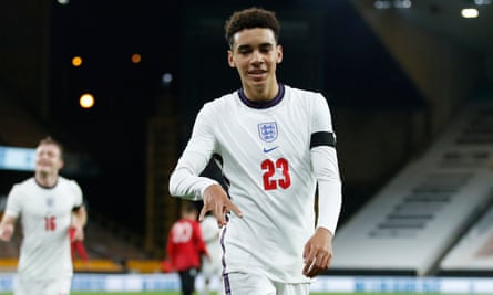 Jamal Musiala celebrates after scoring for England Under-21s against Albania in November 2020