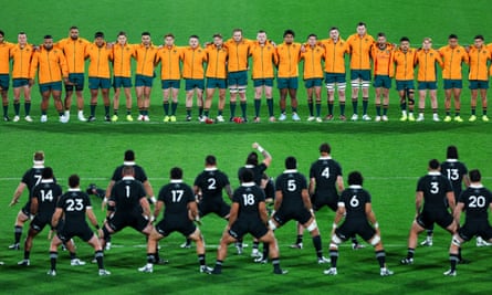 The All Blacks perform the haka in front of the Australian rugby team