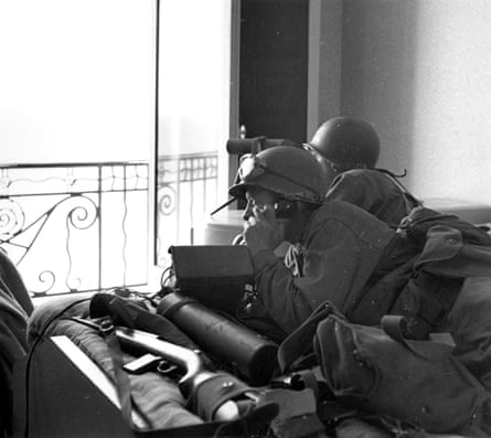 Allied artillery spotters with telephones in Hotel Ambassadeurs in Saint-Malo.