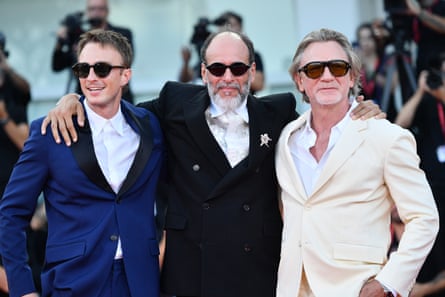 Director Luca Guadagnino, centre, with the stars of the ‘boldly wayward’ Queer, Drew Starkey, left, and Daniel Craig, right.