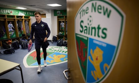 The club’s crest – marking the heritage of their Oswestry and Llansantffraid roots – in the home team’s dressing room at Park Hall stadium