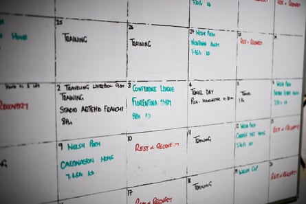 A whiteboard showing the team’s daily planner with the Fiorentina fixture in the centre