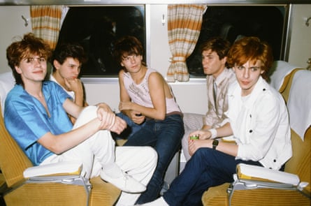 The band on a bullet train train in Kyoto, Japan, in April 1982.