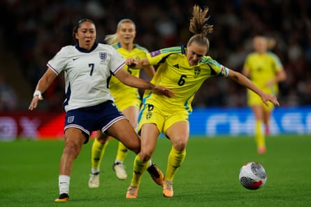 England’s Lauren James (left) and Sweden’s Magdalena Eriksson view for the ball at Wembley Stadium. Next up are Germany on Friday.