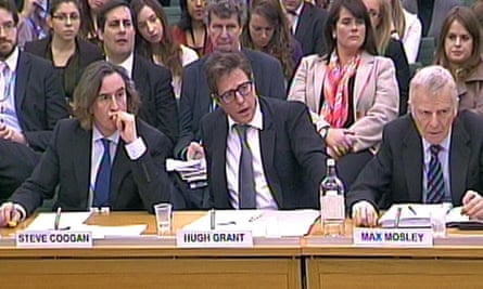 Hugh Grant, next to Steve Coogan and Max Mosley, giving evidence to the joint committee on privacy and injunctions in London