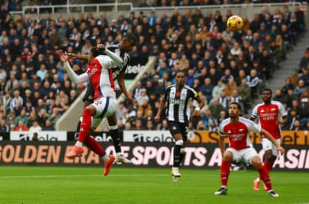 Newcastle United’s Alexander Isak plants his header into Arsenal’s net for the only goal of the game.