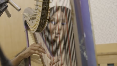 harpist photographed through harp strings