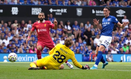 Liverpool’s Mohamed Salah scores against Ipswich