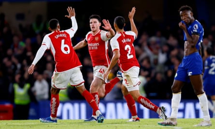 Declan Rice runs back for the restart after scoring Arsenal’s first to spark a comeback in a 2-2 draw with Chelsea at Stamford Bridge last season.