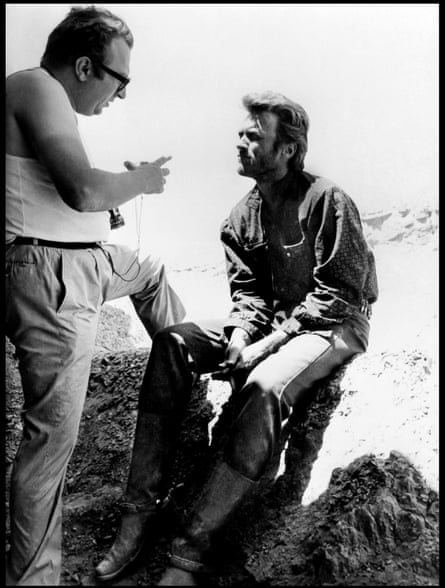 Leone directs Eastwood at the location where ‘Blondie’ shares the $2,000 bounty with Tuco (in the Rambla Otero, Las Salinas, Almería), while filming The Good, the Bad and the Ugly in 1964.