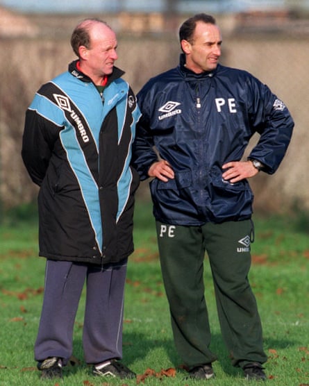 Nottingham Forest head of performance and fitness Pete Edwards (right) takes training with fellow coach and Scotland legend Archie Gemmill in November 1993