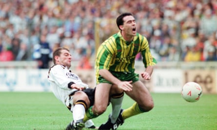 West Brom’s Bob Taylor is clattered by a determined Peter Swan during the Second Division playoff final of 1993. West Brom beat Port Vale 3-0.