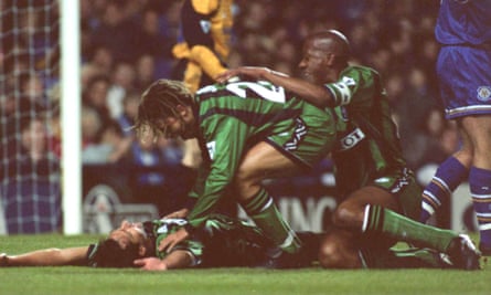 Coventry players congratulate Roy Wegerle on his goal against Leicester.