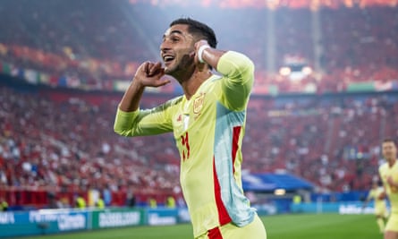 Ferran Torres celebrates scoring against Albania at Euro 2024.