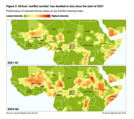 Two maps of central Africa, one from Q1 of 2021, one from Q4 for 2024 one on top of the other showing a heatmap of increasing violence.