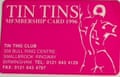 Membership card with ‘Tin Tins’ logo and the club address, alongside an illustration of a naked male dancer from behind