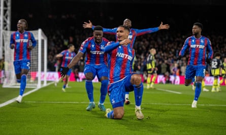 Maxence Lacroix celebrates scoring for Palace against Manchester City.