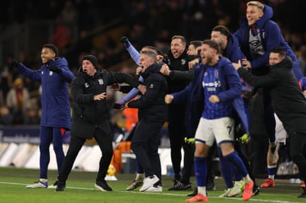 Kieran McKenna celebrates Ipswich’s winner against Wolves.