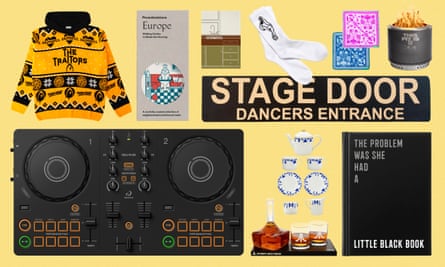 Clockwise from top left … Traitors hooded top, architecture guide, modernist tea towel, Tom of Finland socks, Islamic art scarf, Snoop Dogg firepit, stage door sign, Nick Cave book, Pet Shop Boys tea set, Atari whisky set and portable DJ mixer.