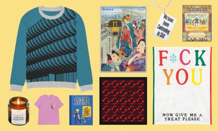 Clockwise from top left … Preston bus station jumper, Japanese poster, swimming pendant, Shakespeare’s First Folio, Mike Kelley print, The Devil Wears Prada scarf, Great Artists book, Beryl Reid T-shirt and Sabrina Carpenter candle.