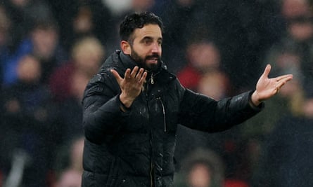 Manchester United’s manager, Ruben Amorim, gestures at Anfield