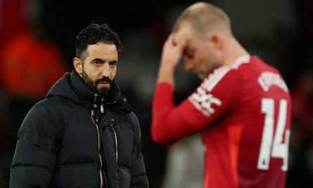 The Manchester United manager, Ruben Amorim, looks dejected after defeat to Newcastle