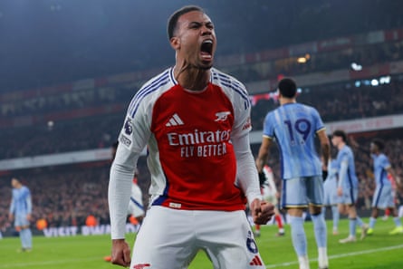 Gabriel of Arsenal celebrates scoring his team’s first goal to make it 1-1 against Tottenham.