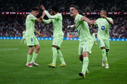 Gavi leads the celebrations after scoring the opener in the Spanish Super Cup semi-final.