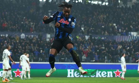 Atalanta’s Ademola Lookman celebrates after scoring his side’s fourth goal against Sturm Graz.