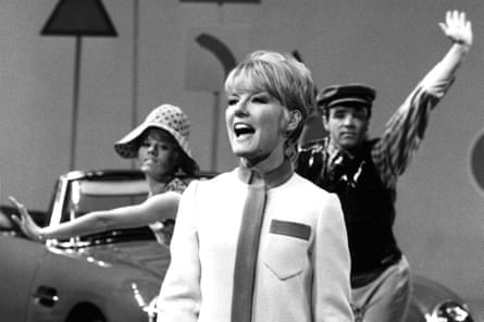 Petula Clark on the Ed Sullivan show, August 1966, with dancers in a car behind her