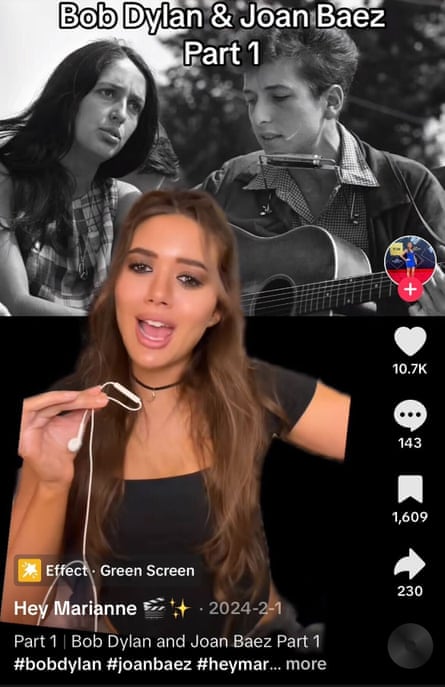 screenshot of a woman talking on tiktok in front of a picture of bob dylan and joan baez