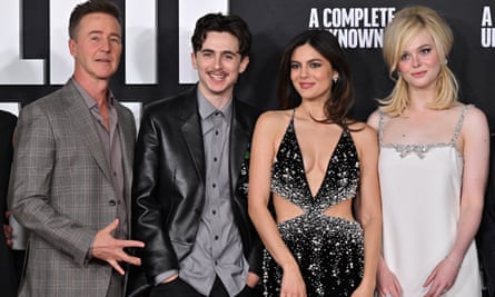 Ed Norton, Timothee Chalamet, Monica Barbaro and Elle Fanning at the A Complete Unknown premiere in LA.