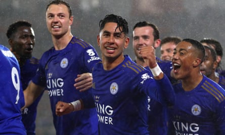 Ayoze Pérez celebrates after scoring his third goal during Leicester’s 9-0 win at Southampton in 2019.