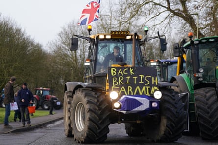 Farmers take part in a protest against changes to inheritance tax outside Siemens Healthineers in Eynsham, Oxfordshire, where the chancellor, Rachel Reeves, was giving a speech.