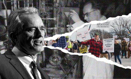 A composite of protestors and Robert F Kennedy Jr