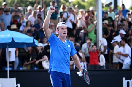 Tristan Schoolkate of Australia celebrates winning his round one match against Taro Daniel of Japan.