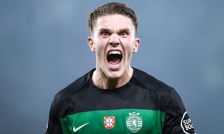 Viktor Gyokeres celebrates scoring against Manchester City in November.