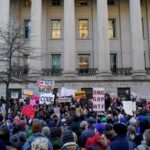 Democrats and protesters rally outside treasury department to protest Elon Musk’s access to sensitive information – live