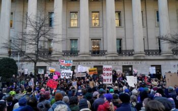 Democrats and protesters rally outside treasury department to protest Elon Musk’s access to sensitive information – live