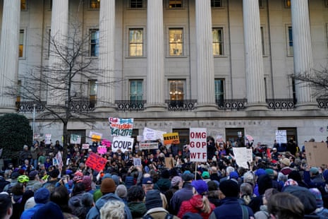 Democrats and protesters rally outside treasury department to protest Elon Musk’s access to sensitive information – live