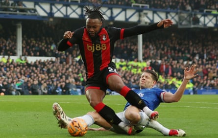 Antoine Semenyo is fouled by James Tarkowski in the box during the FA Cup match between Everton and Bournemouth