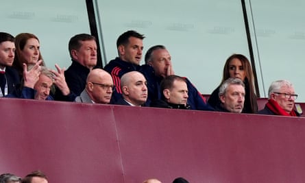 Sir Jim Ratcliffe, Sir Dave Brailsford, CEO Omar Berrada, the then sporting director Dan Ashworth, technical director Jason Wilcox and Sir Alex Ferguson watch Manchester United at Villa Park in October.