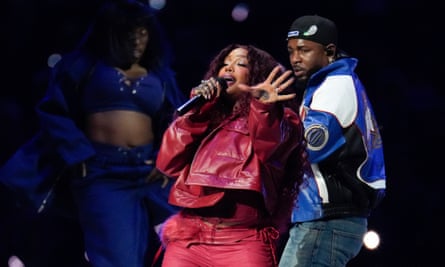 SZA and Kendrick Lamar peform during halftime of the NFL Super Bowl 59 football game between the Kansas City Chiefs and the Philadelphia Eagles, Sunday, Feb. 9, 2025, in New Orleans. (AP Photo/George Walker IV)