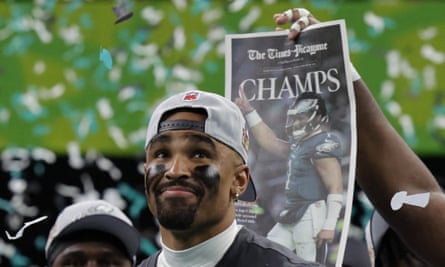 Jalen Hurts of the Philadelphia Eagles celebrates after winning the Super Bowl.